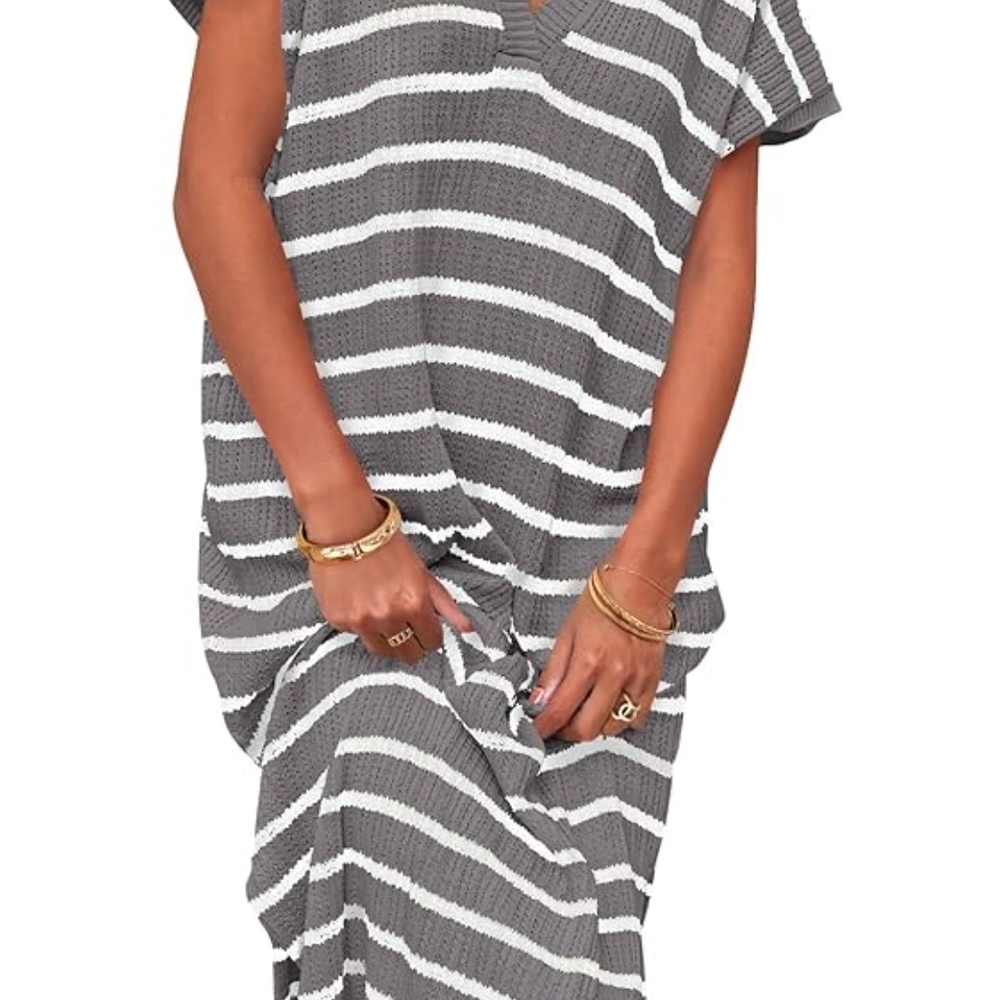 ZESICA Women's Striped Midi Dress Casual Short Sleeve V Neck NWT